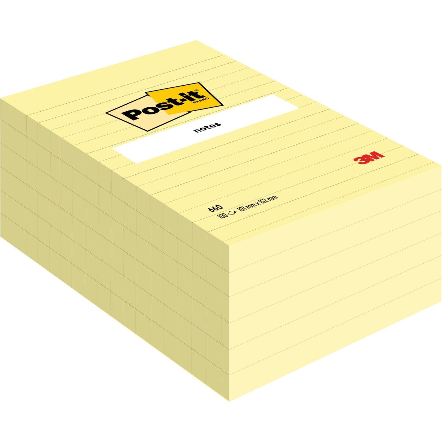 Ein großer Stapel Post-it® Notes im Großformat, Gelb (101 x 152 mm) von 3M Deutschland GmbH, mit einem weißen Etikett oben und dem 3M Logo in der rechten unteren Ecke. Die Packung enthält 600 gelbe Blätter.
