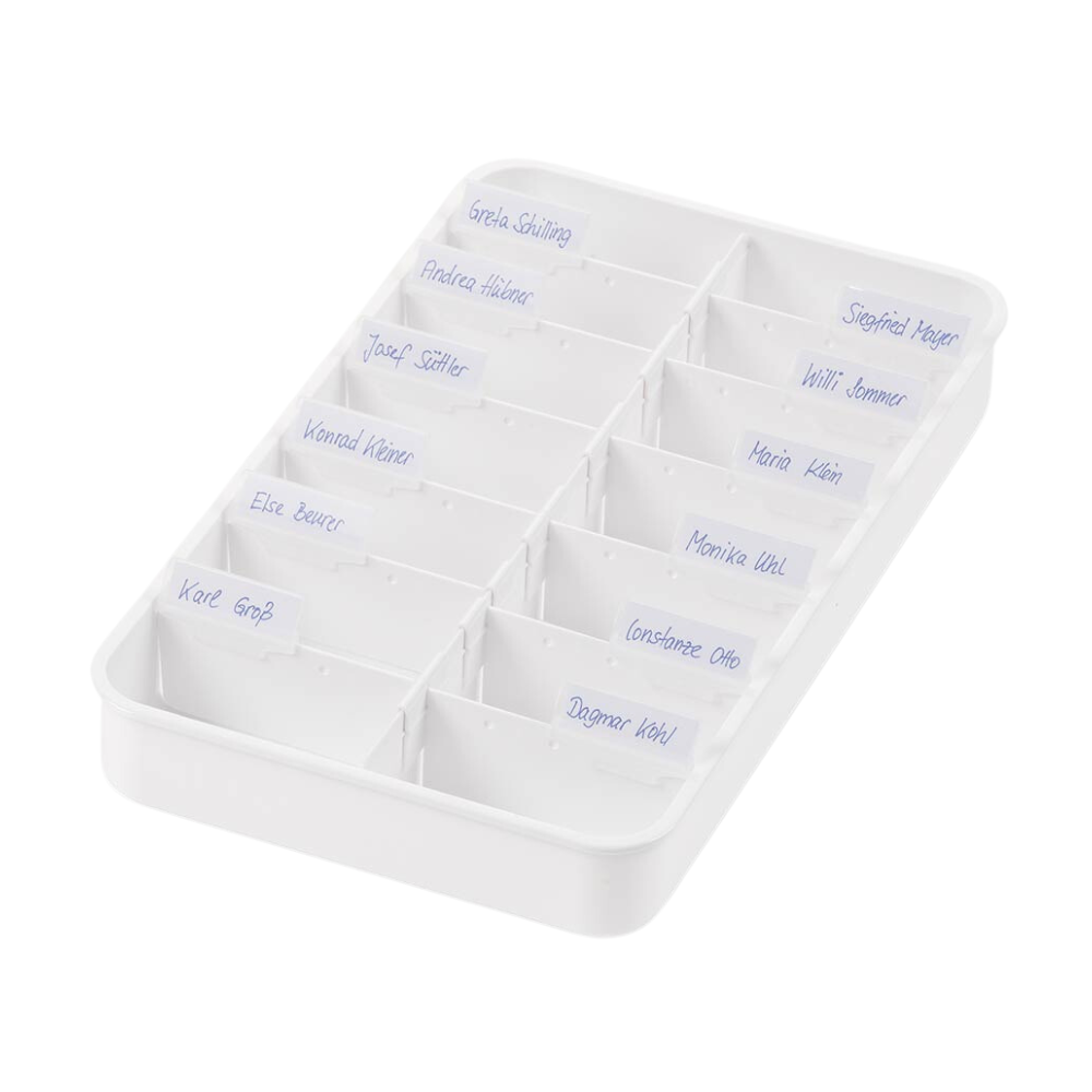 Als melipul Anbruchtropfen-Tablett bietet die Helmut Schwarz GmbH eine weiße Tablette mit vierzehn blau beschrifteten Fächern an. Sie eignet sich optimal zur Organisation von Flüssigmedikamenten und ist perfekt geeignet, um in Pflegeeinrichtungen Ordnung und Effizienz zu wahren.
