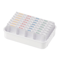 The melipul 7D-25 Dispenser Tray from Helmut Schwarz GmbH is a white pill dispenser featuring several rows of compartments, each labeled with the German words “MORGEN,” “MITTAG,” “ABEND,” and “NACHT.” The labels are available in various colors, making it a practical reusable dispenser.