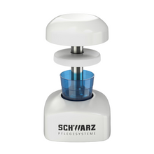 Ein weißes Küchengerät in zylindrischem Design der Helmut Schwarz GmbH eignet sich perfekt zur hygienischen Zerkleinerung. Es verfügt über einen abnehmbaren Deckel und einen transparenten blauen Behälter mit Messmarkierungen, ideal für den Einsatz als melipul Tabletten-Mörser PROFI.