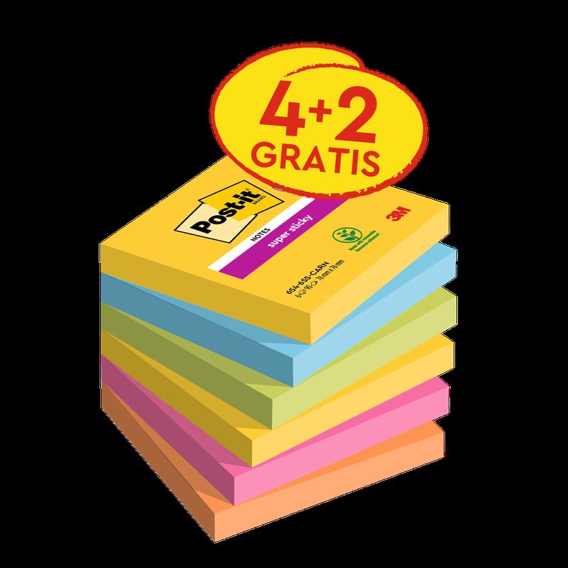 Post-it® Super Sticky Notes, Carnival Collection, 76 mm x 76 mm, Promotion, 90 Blatt/Block, 4 Blöcke + 2 Gratis/Packung, 100% PEFC, SGSCH-PEFC-COC-110078 | Packung (6 Stück)