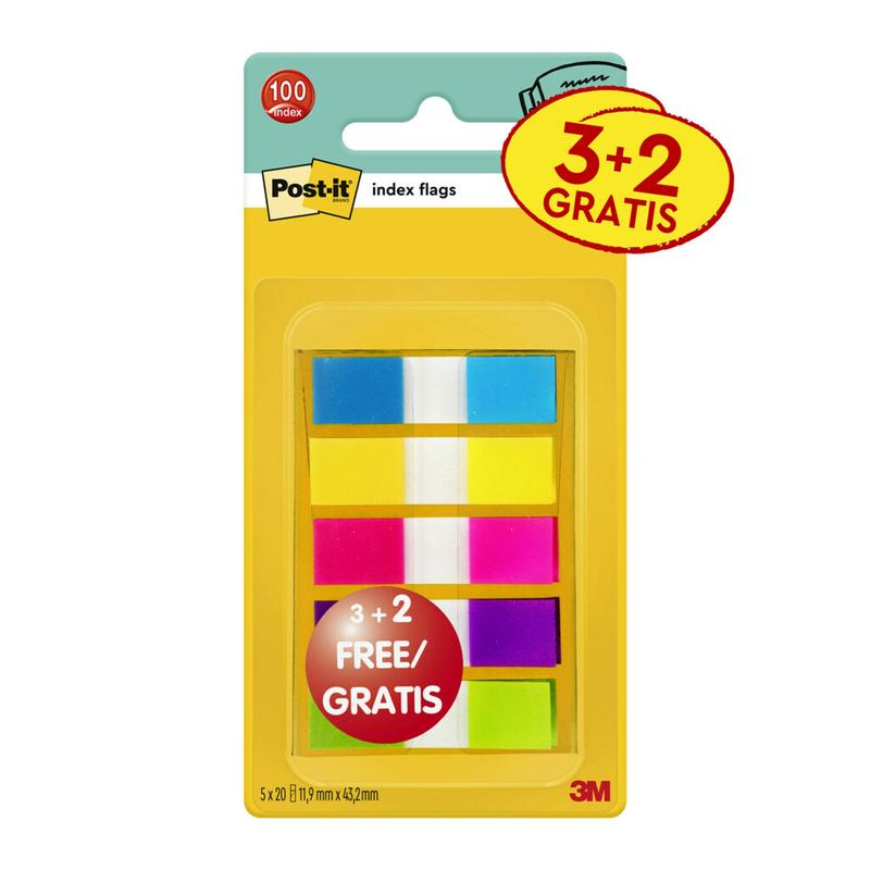 Post-it® Index Haftstreifen, Mini, Verschiedene Farben, 11.9 mm x 43.2 mm, Promotion, 60 Haftstreifen + 40 Gratis/Spender, 1 Spender/Packung | Packung (5 Stück)