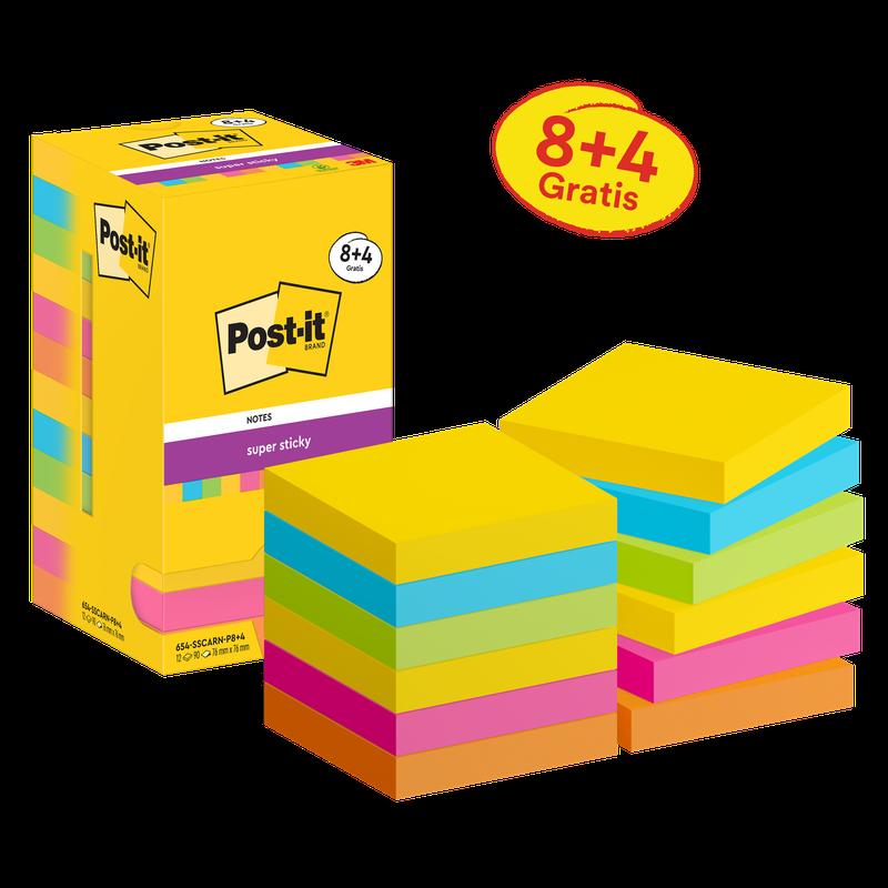Post-it® Super Sticky Notes, Carnival Collection, 76 mm x 76 mm, Promotion, 90 Blatt/Block, 8 Blöcke + 4 Gratis/Packung, Kartonverpackung, 100% PEFC, SGSCH-PEFC-COC-110078 | Packung (12 Stück)