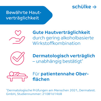 An informational poster from Schülke & Mayr GmbH with three claims about Schülke Mikrozid® universal wipes premium disinfection wipes: "Good skin compatibility" with heart icon in hand, "Dermatologically compatible" with checkmark icon, and "For patient-near surfaces" with patient icon, ideal for quick disinfection.