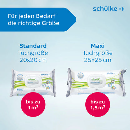 The image shows two packs of Schülke Mikrozid® universal wipes premium disinfection wipes. One package labeled "Standard" measures 20x20 cm, while the "Maxi" package measures 25x25 cm. At the top, the text "For every need the right size" highlights these medical products from Schülke & Mayr GmbH for your needs.